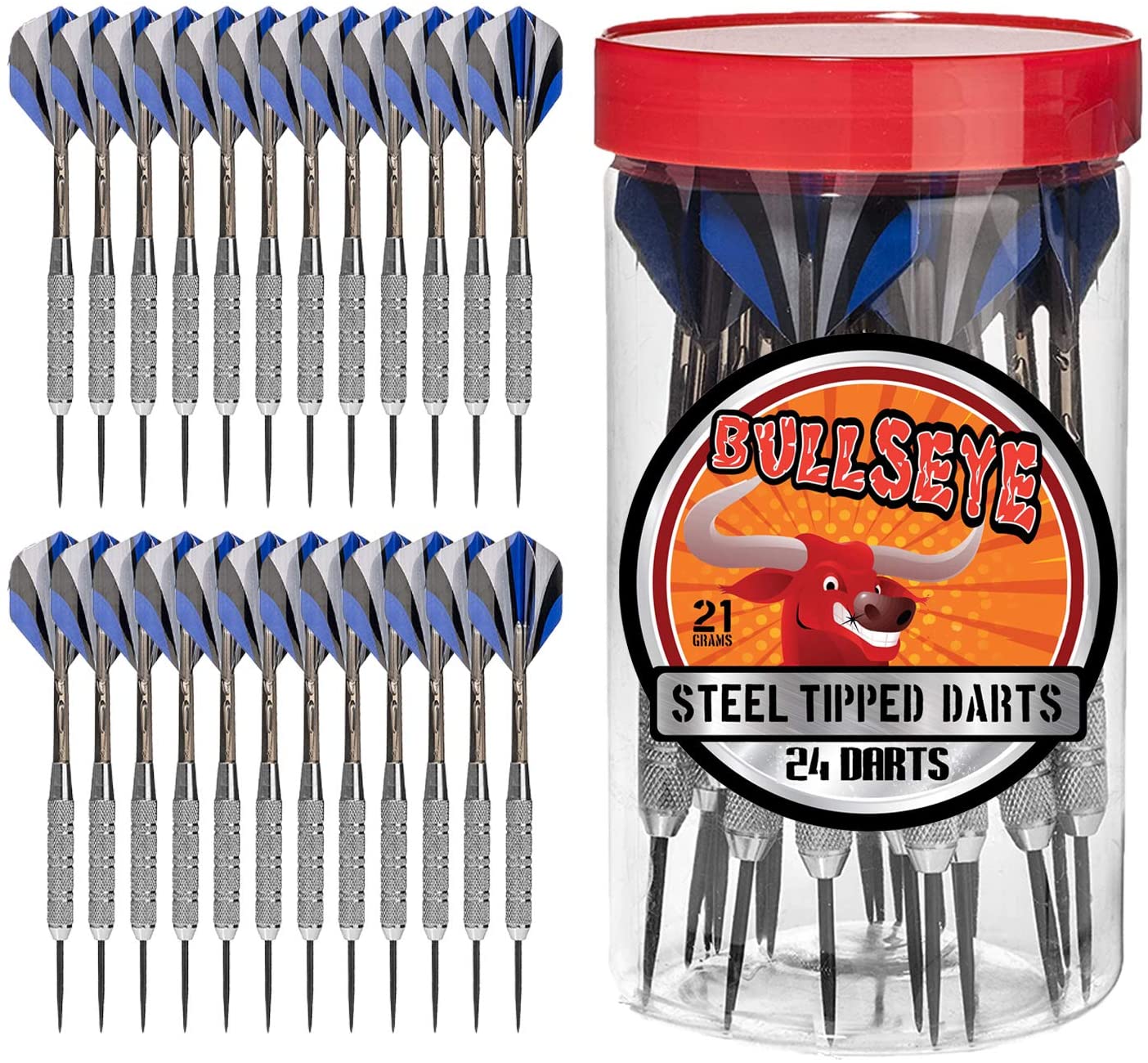 24 Pack Bullseye Steel Tip Darts with Flights in Handy Carry and Store Jar Carrying Case. 