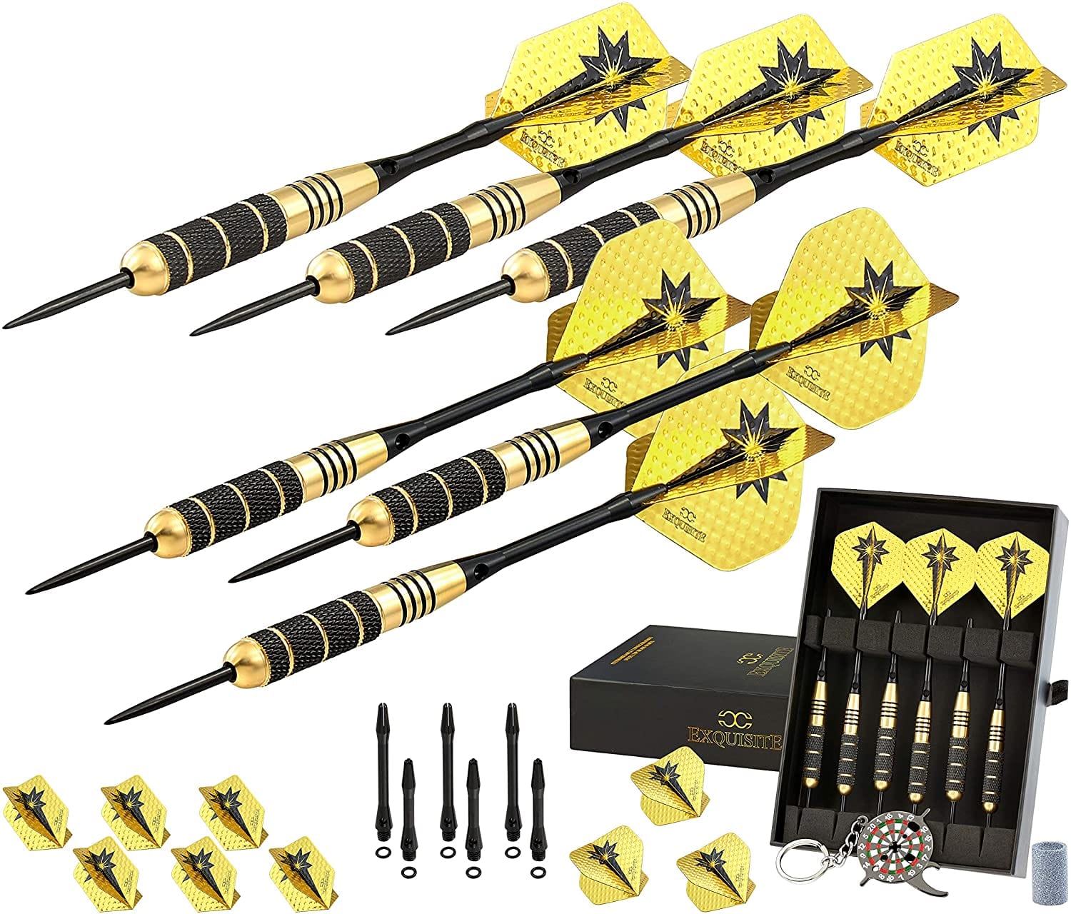 CC-Exquisite Professional Darts Set - 6 Steel Tip Darts Complete with 12 Dart Flights and 12 Aluminum Shafts Customizable Configuration, 12 O-Rings