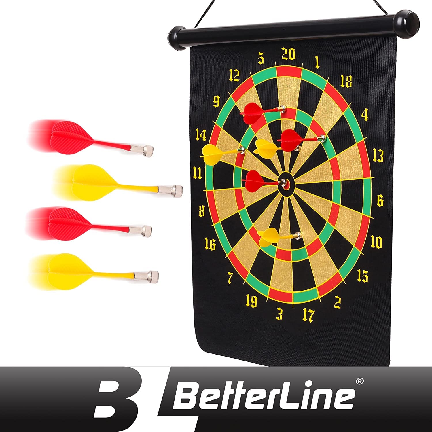 BETTERLINE Magnetic Dart Board Game Set - 16 x 19 Inch (41.5x47.5cm) Roll-up Board with 6 Darts