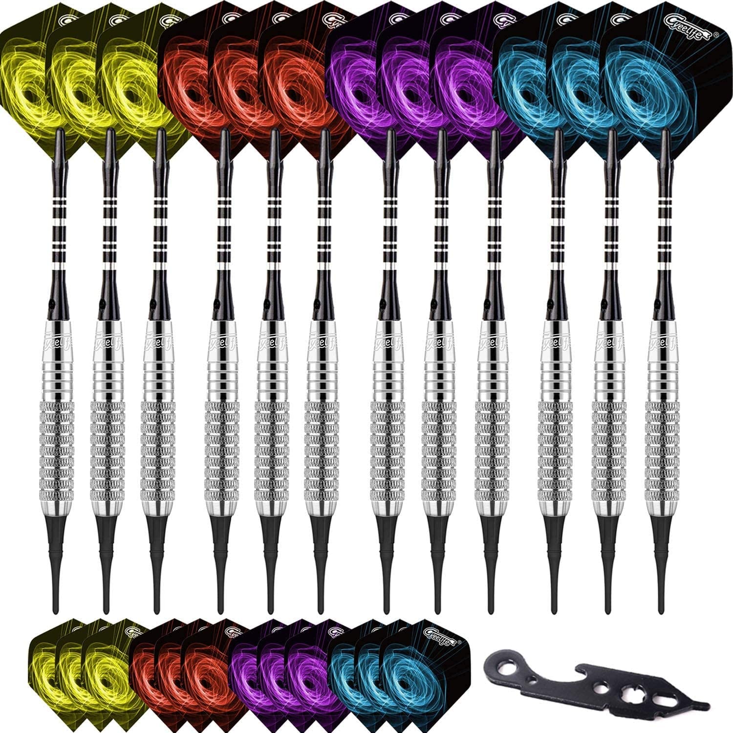 CyeeLife Soft tip Darts 17g+100Tips+Tool+24Flights+12Aluminum shafts with Rubber Rings Gift Box Packaging Sliver/Black