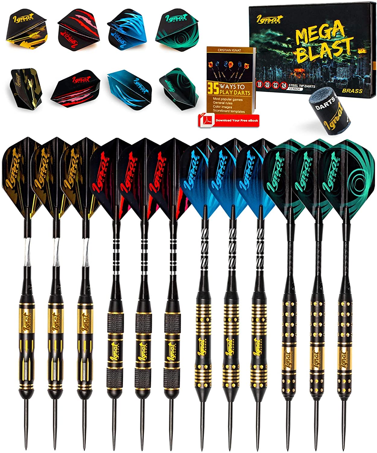IgnatGames Steel Tip Darts Set - Professional Darts with Aluminum Shafts, Rubber O'Rings, and Extra Flights + Dart Sharpener + Innovative Case + Darts Guide (Tungsten or Brass)