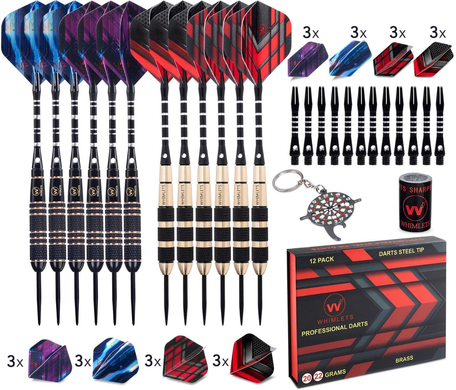Whimlets Steel Tip Darts Set - Professional Darts Steel Tip for Dartboard with Extra Aluminum Shafts, O-Rings, Flights + Dart Tool and Sharpener + Gift Case 